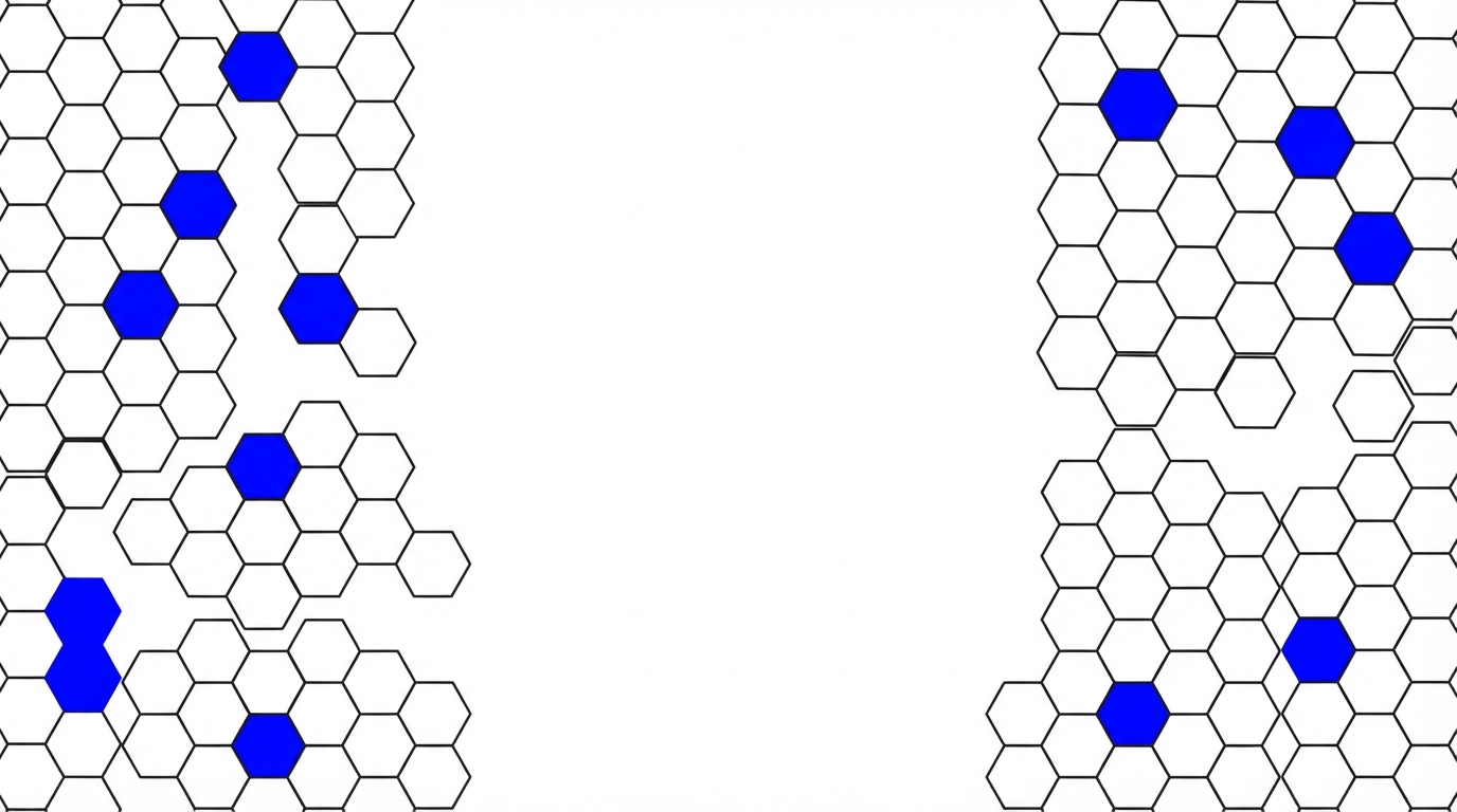 Black-outlined honeycomb clusters with blue hexagons frame a blank white center.