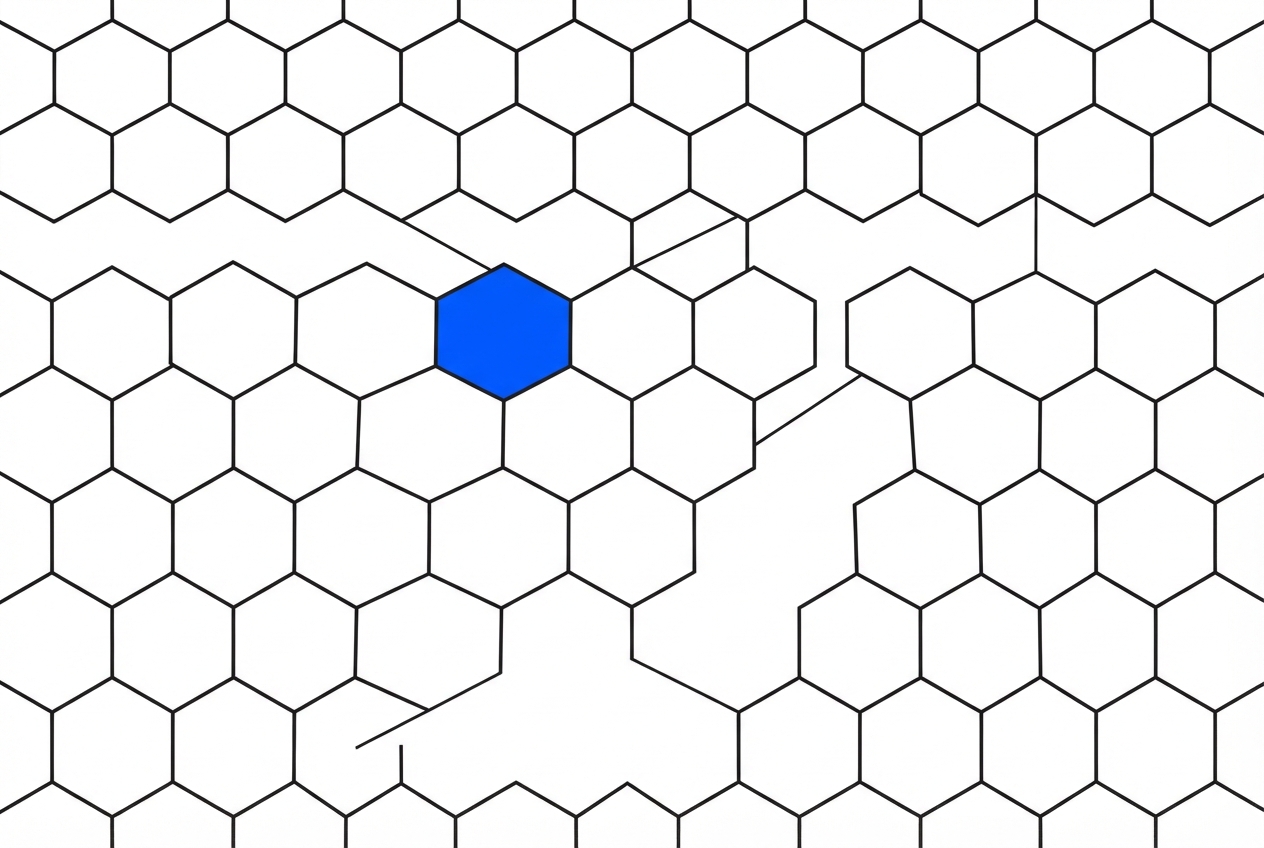 Honeycomb pattern of white outlined hexagons with one bright blue hexagon near the upper center-left.