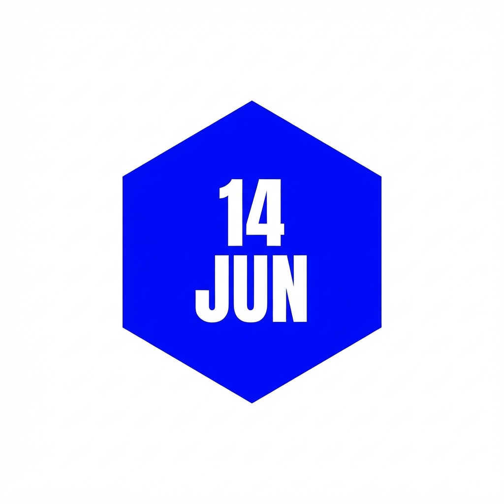 Blue hexagon on white background with the white text “14 JUN.”
