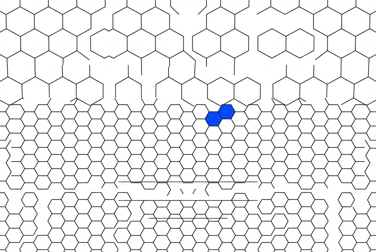 Black-outlined honeycomb cells on white, with two adjacent bright-blue hexagons near the upper center.