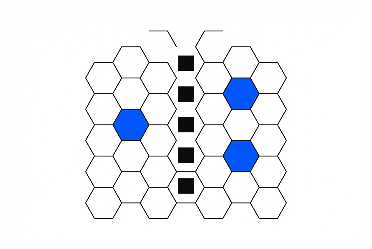 Two outlined honeycomb grids with three blue hexagons and five black squares between them.